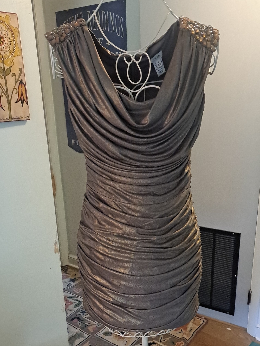 Vintage Cache Metallic Ruched Cocktail Dress with Beaded Shoulders, Sz M